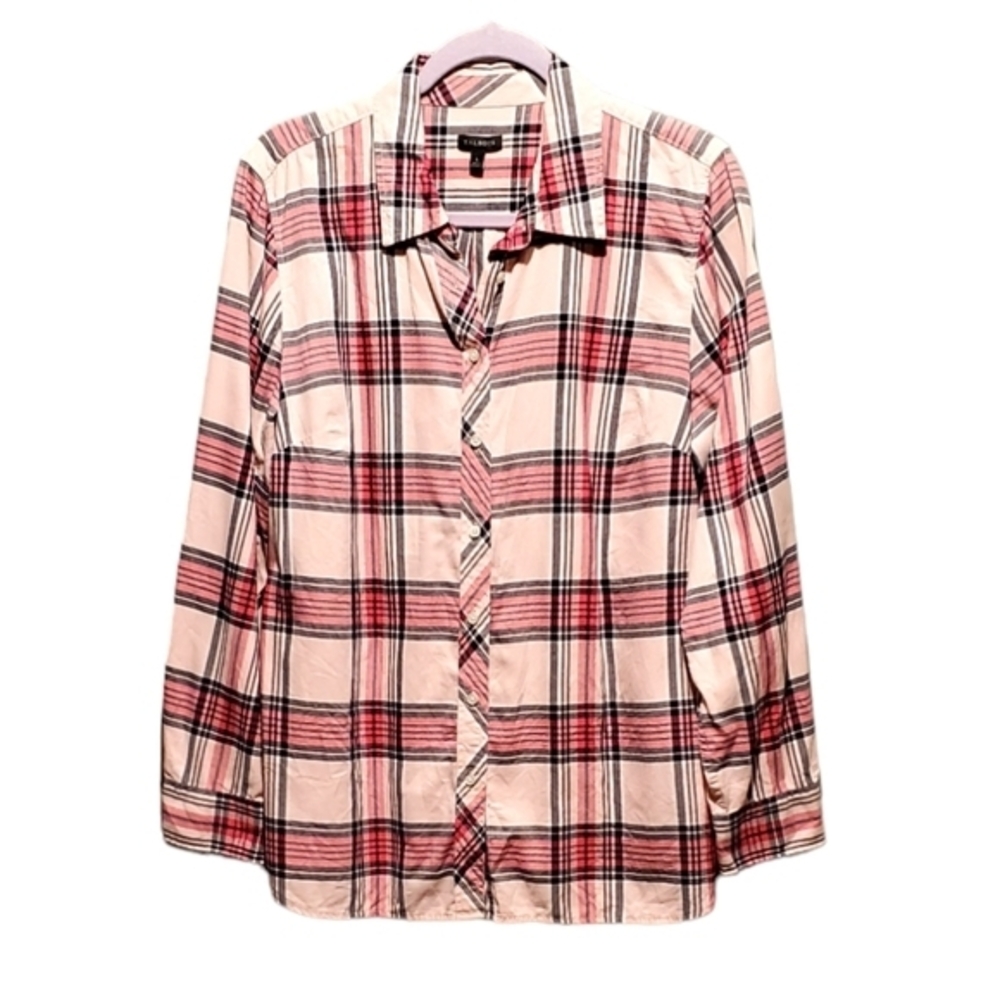 Talbots Pink Plaid Cotton Button Down Shirt Top Blouse Women Size Large‎